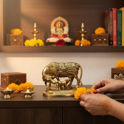 Brass Kamdhenu Cow idol on home temple altar with marigolds, brass lamps, and deity idols