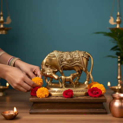 Brass Kamdhenu Cow and Calf idol decorated with marigold and red roses for festive pooja