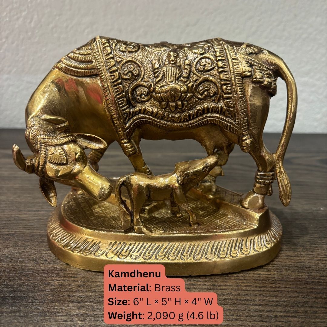 Brass Kamdhenu Cow with Calf statue, intricate carvings, ideal for home temple Vastu decor