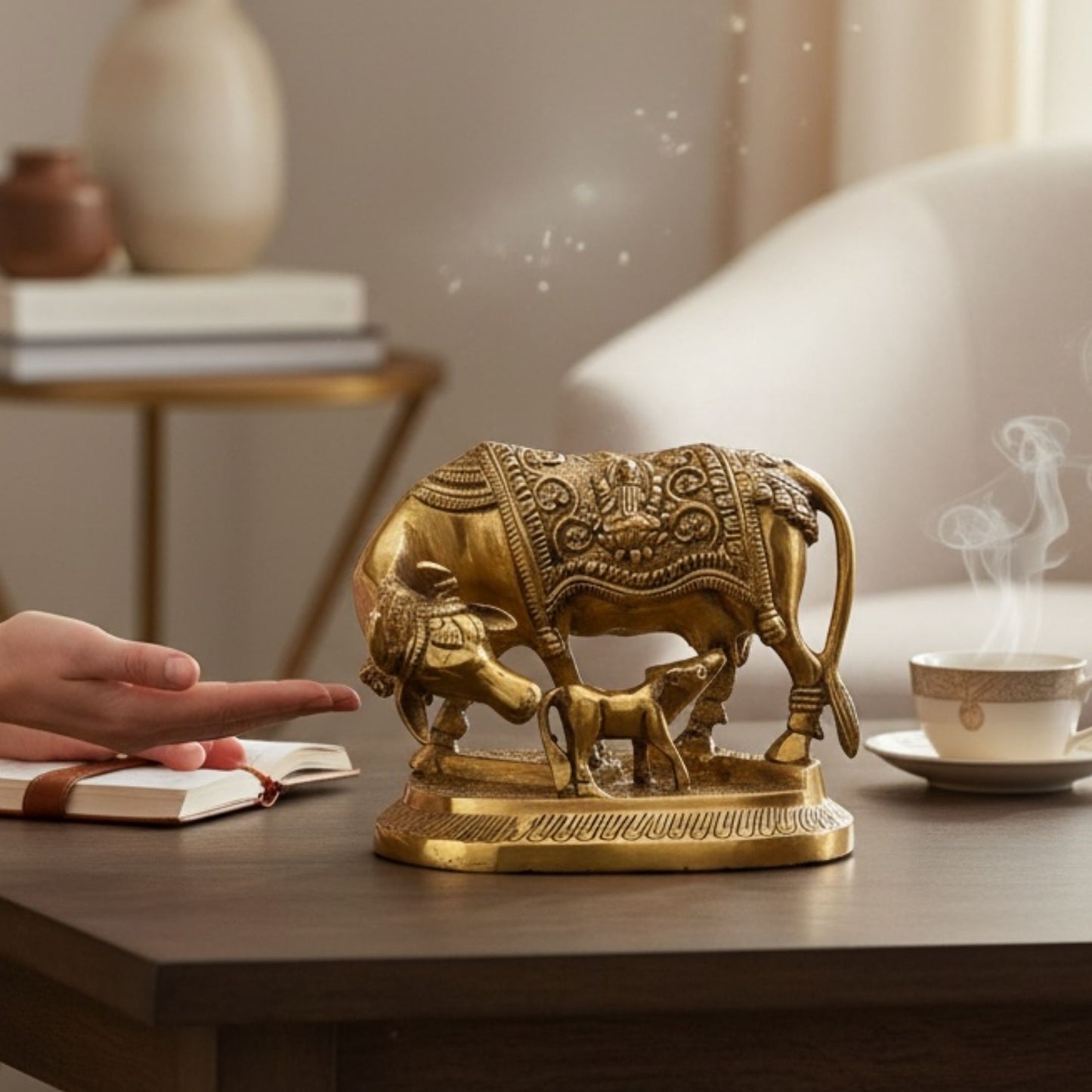 Brass Kamdhenu Cow and Calf statue displayed on a wooden table in a cozy living room
