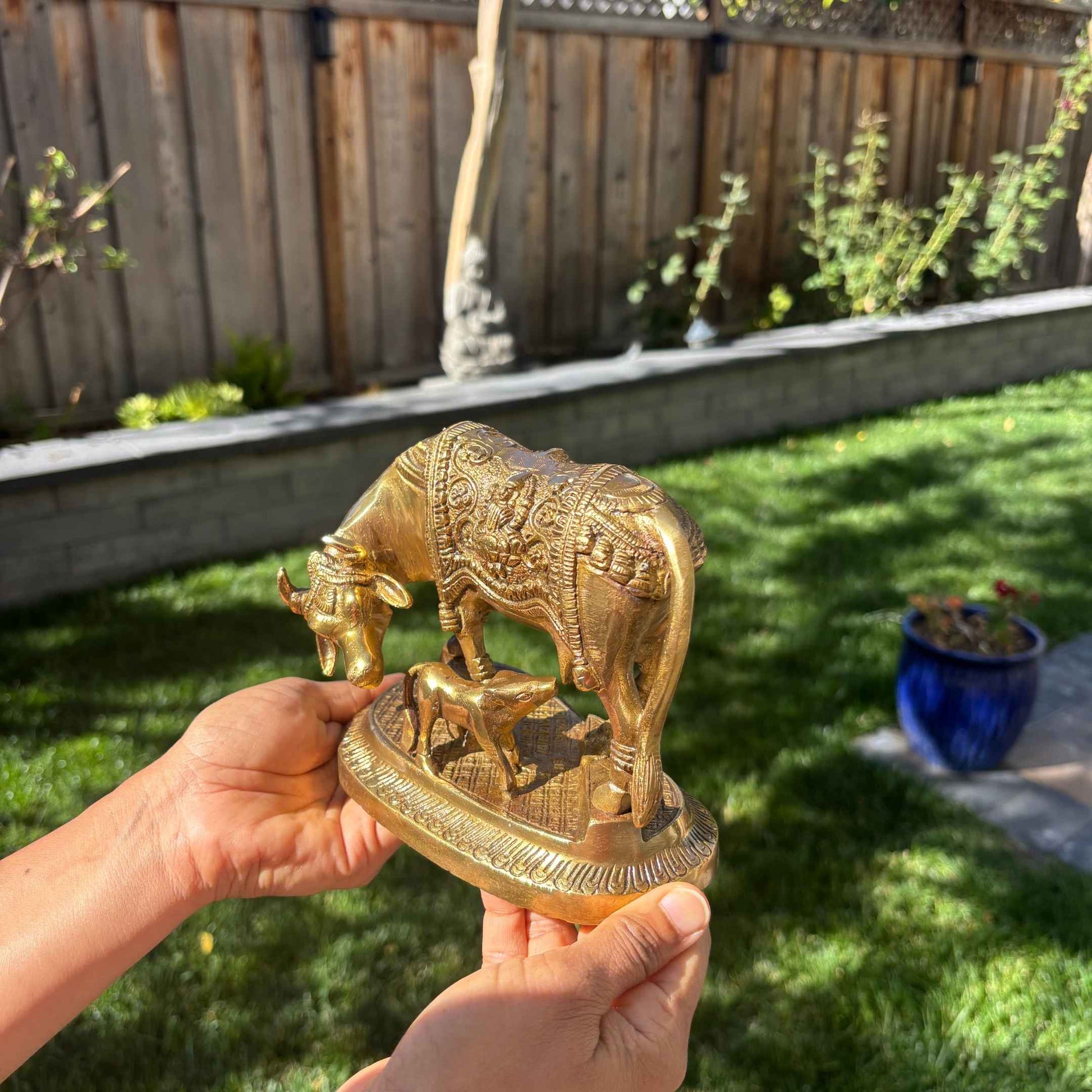 Hands holding Brass Kamdhenu Cow and Calf Idol outdoors, showcasing antique gold finish