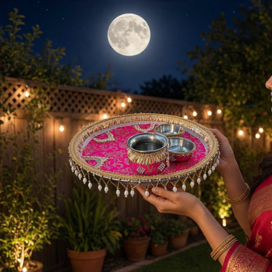 Woman holding the Simran Karwa Chauth thali in magenta brocade under a full moon, with garden string lights behind