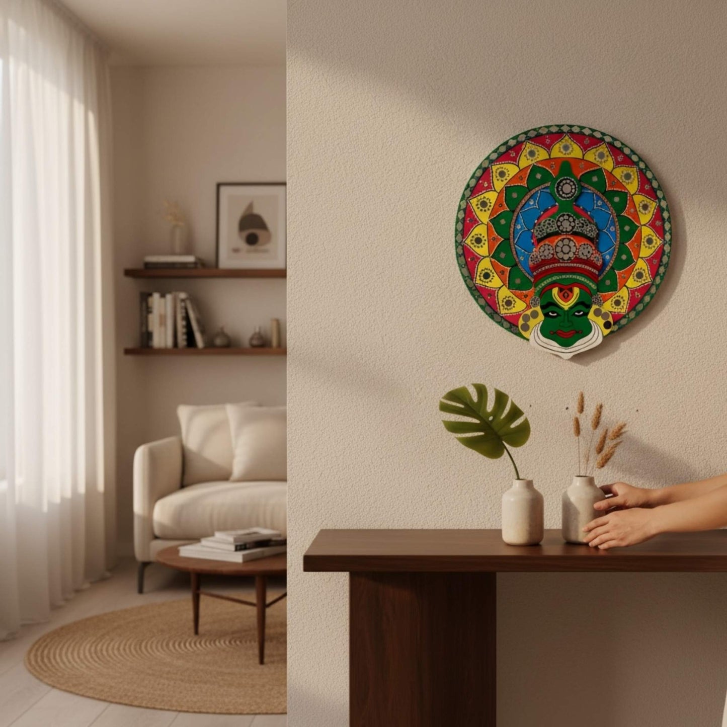 2ft round kathakali lippan wall art piece on a wall in a living room setting