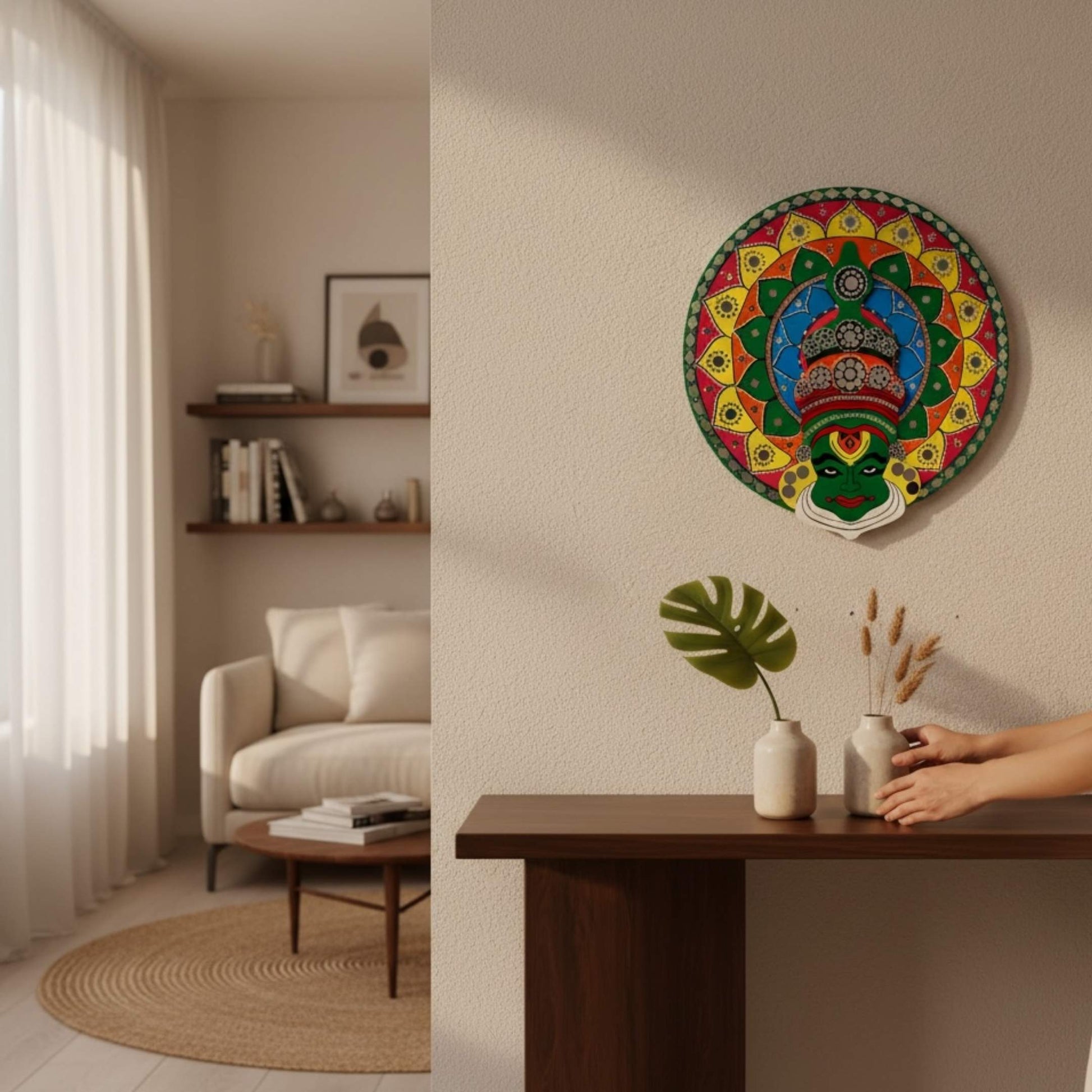 2ft round kathakali lippan wall art piece on a wall in a living room setting