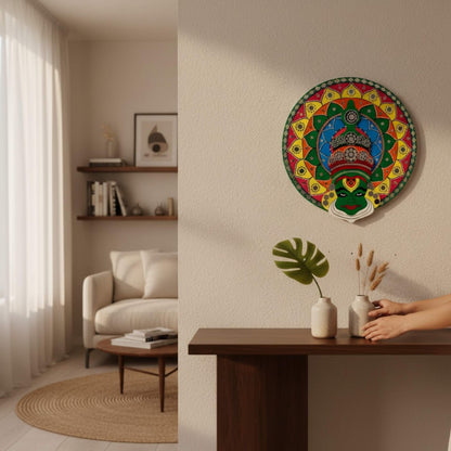 2ft round kathakali lippan wall art piece on a wall in a living room setting