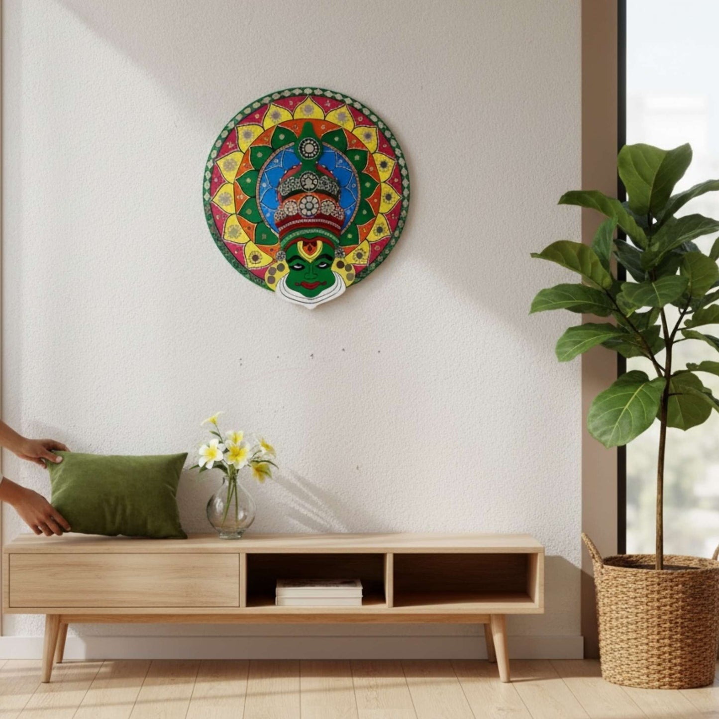 kathakali mandala wall art piece on a white wall 