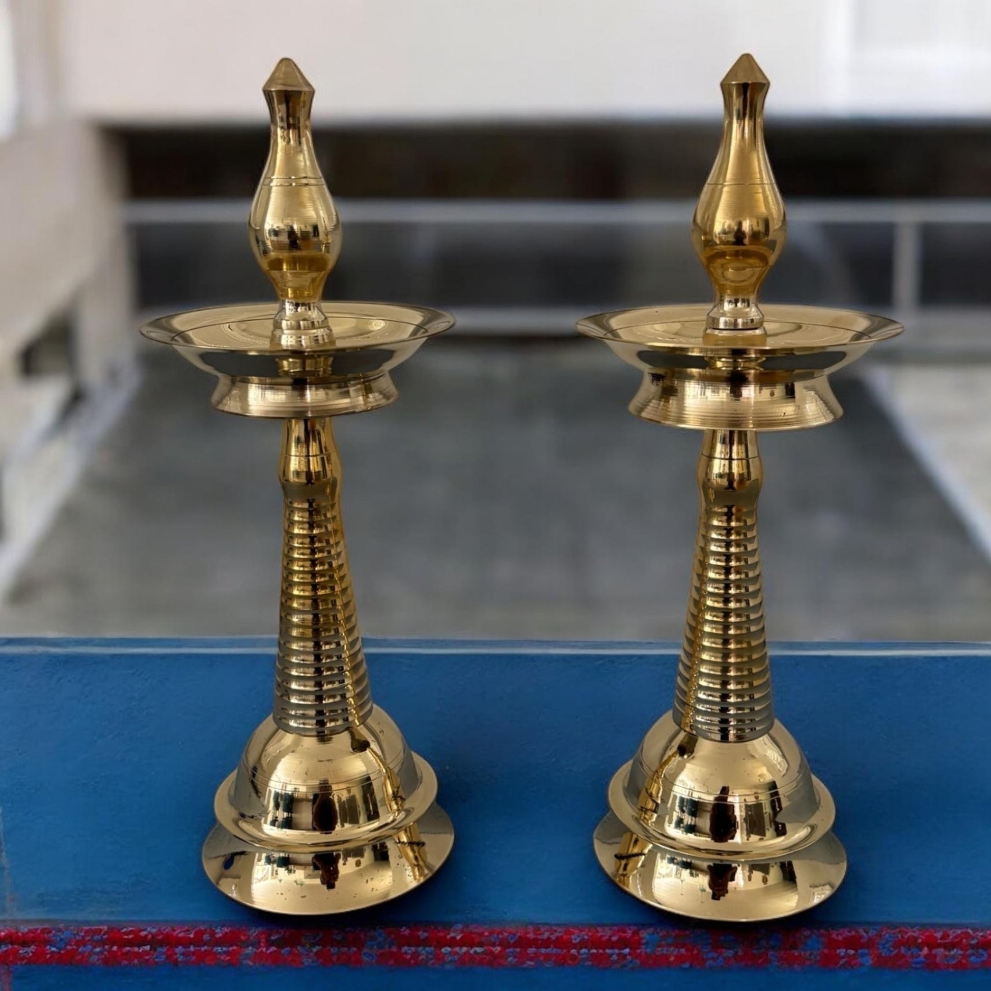 14 Inches Tall Kerala Diya Oil Lamp – Set of 2 Brass Samai by Urli Utsav Decor