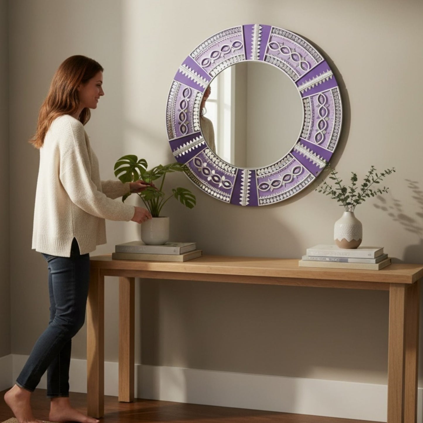 Urli Utsav 24-Inch Purple Lippan Mirror on Wall – Traditional Indian Mandala Wall Art for Hallway or Living Room