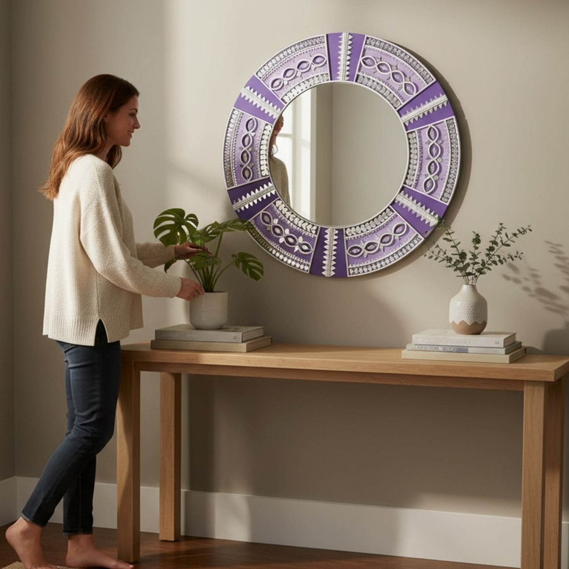 Urli Utsav 24-Inch Purple Lippan Mirror on Wall – Traditional Indian Mandala Wall Art for Hallway or Living Room
