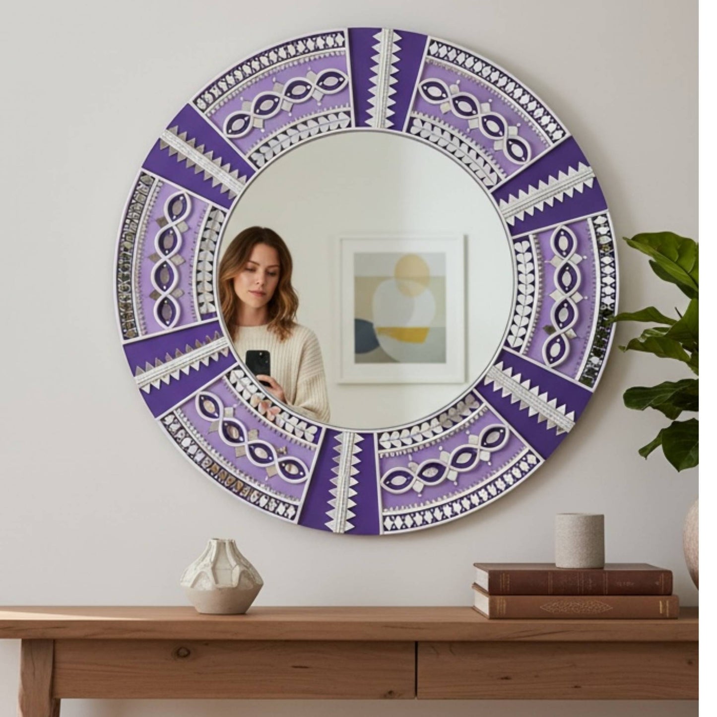 24-Inch Purple Lippan Mandala Mirror Above Bathroom Vanity – Handcrafted Indian Wall Art for Bathroom Decor