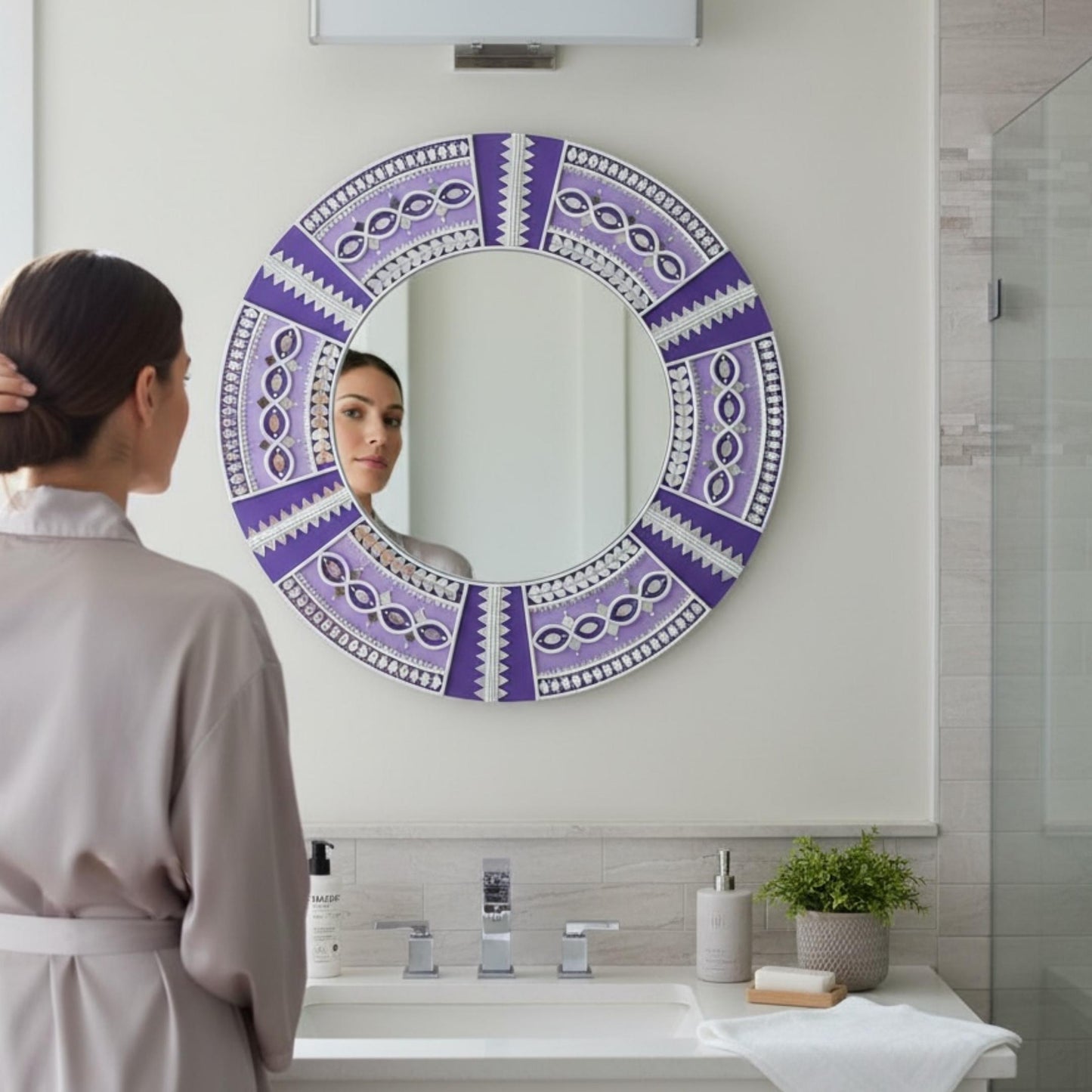 Woman Styling Entryway Console Table with 24-Inch Purple Mandala Lippan Mirror – Indian Handcrafted Wall Art in Living Room Decor