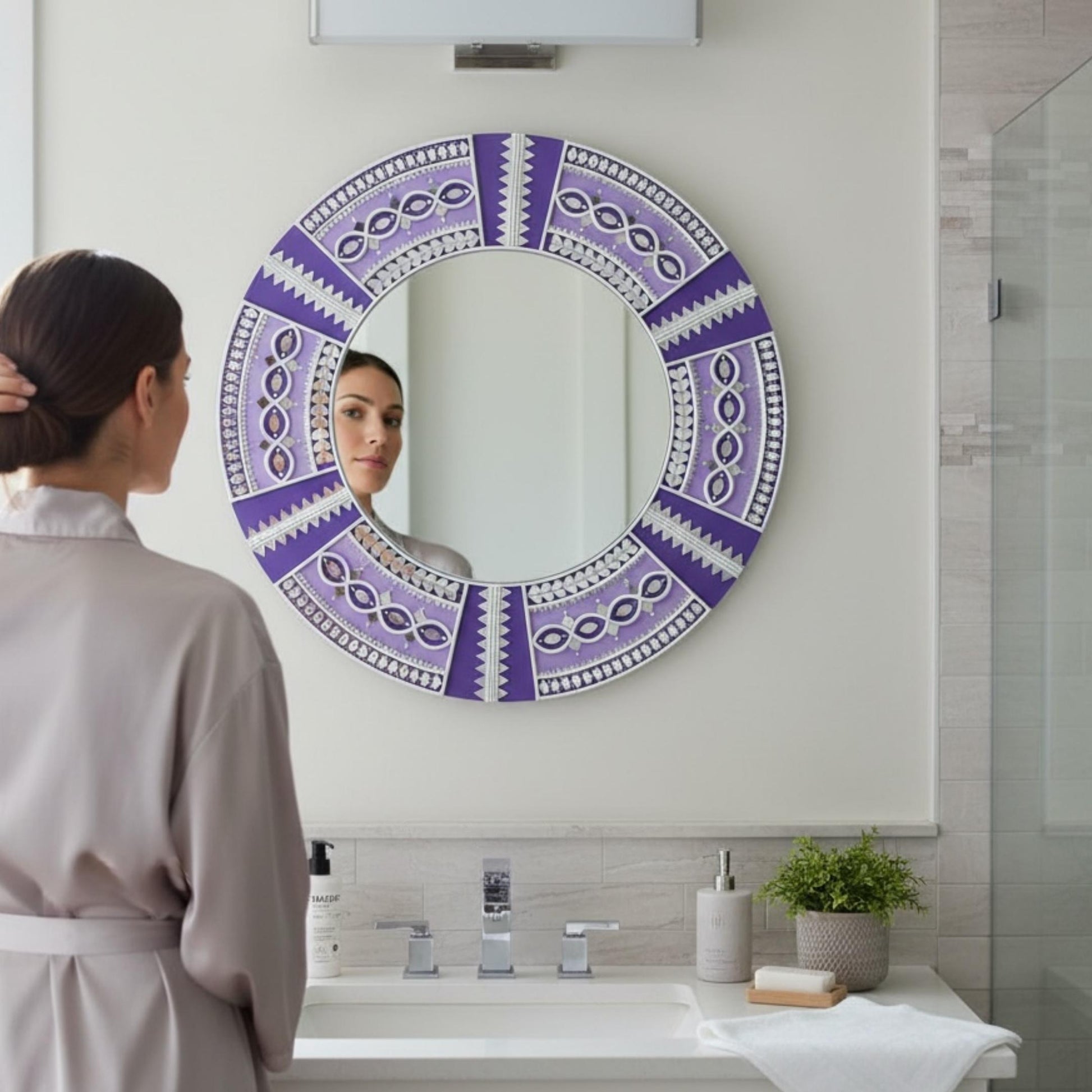Woman Styling Entryway Console Table with 24-Inch Purple Mandala Lippan Mirror – Indian Handcrafted Wall Art in Living Room Decor