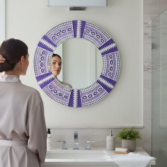 Woman Styling Entryway Console Table with 24-Inch Purple Mandala Lippan Mirror – Indian Handcrafted Wall Art in Living Room Decor