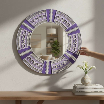Close-Up of 24-Inch Purple Lippan Mirror Showing Hand-Painted Mandala Pattern with Embedded Mirror Tiles – Urli Utsav Wall Art