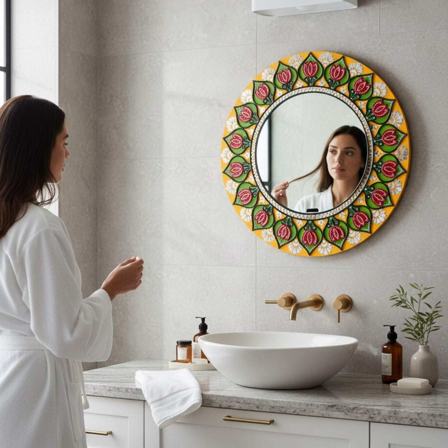 24-Inch Lotus Lippan Mandala Mirror Above Bathroom Vanity – Handcrafted Indian Wall Art for Bathroom Decor