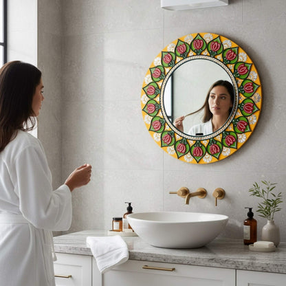 24-Inch Lotus Lippan Mandala Mirror Above Bathroom Vanity – Handcrafted Indian Wall Art for Bathroom Decor