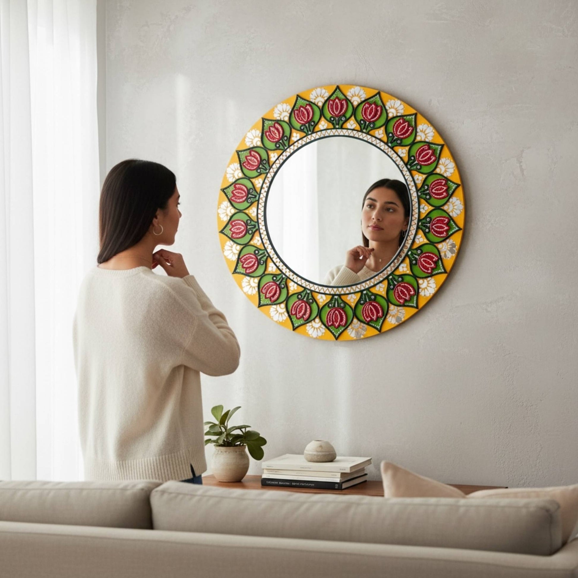 Woman Styling Entryway Console Table with 24-Inch Lotus Mandala Lippan Mirror – Indian Handcrafted Wall Art in Living Room Decor