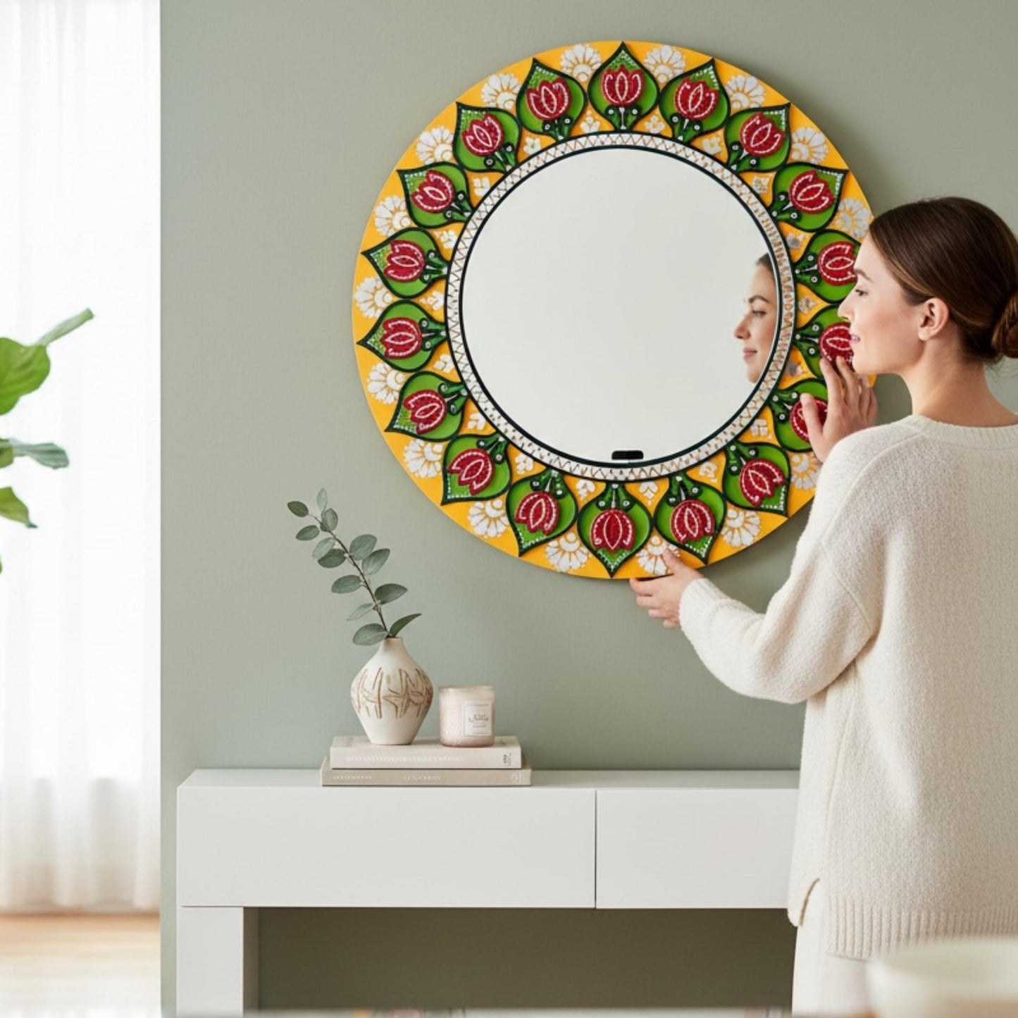 Vibrant Lotus Lippan Art Mirror – Intricate Mandala Wall Decor