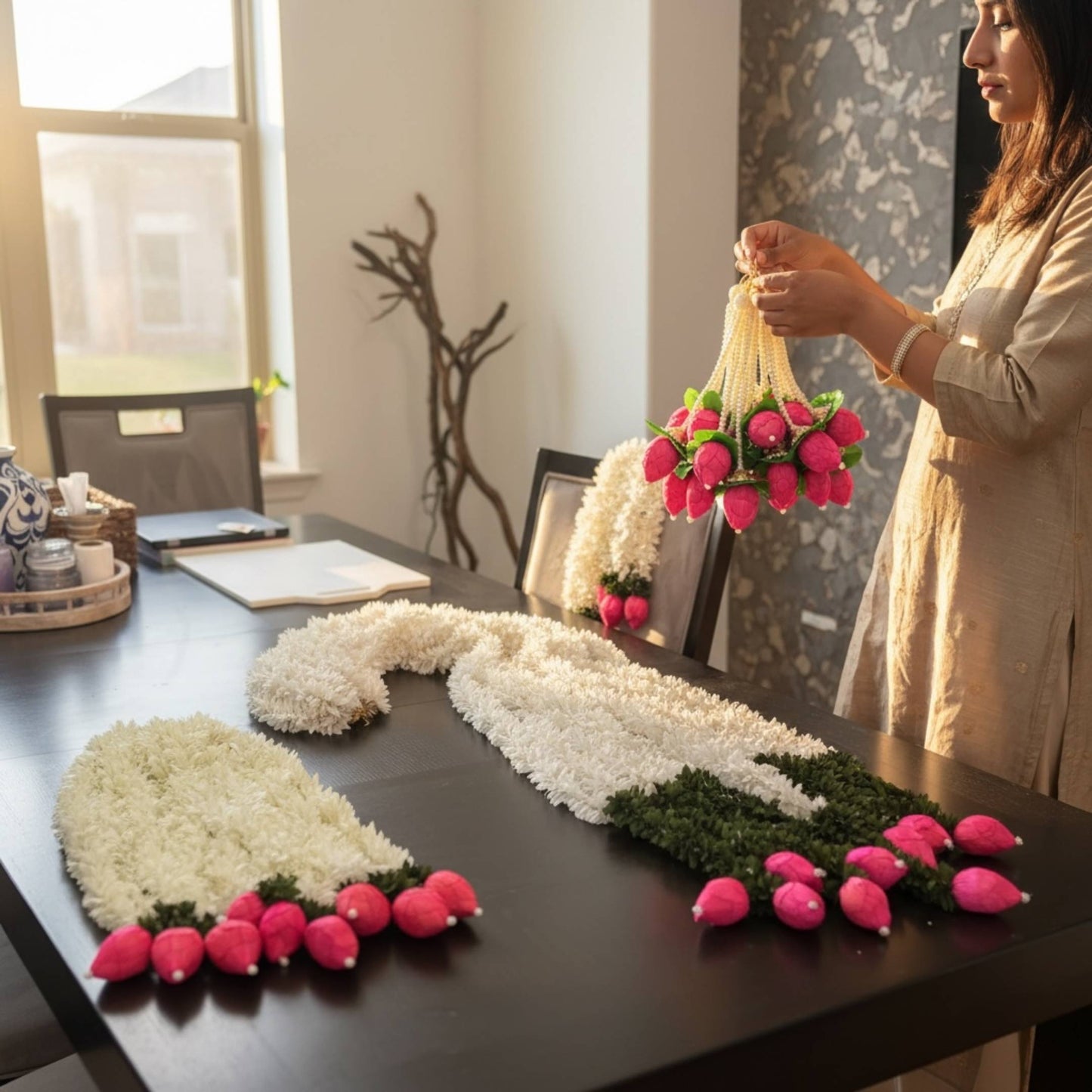 Woman decorating a table with handcrafted jasmine lotus bud fabric garlands – set of 10 artificial Indian floral garlands for home decor
