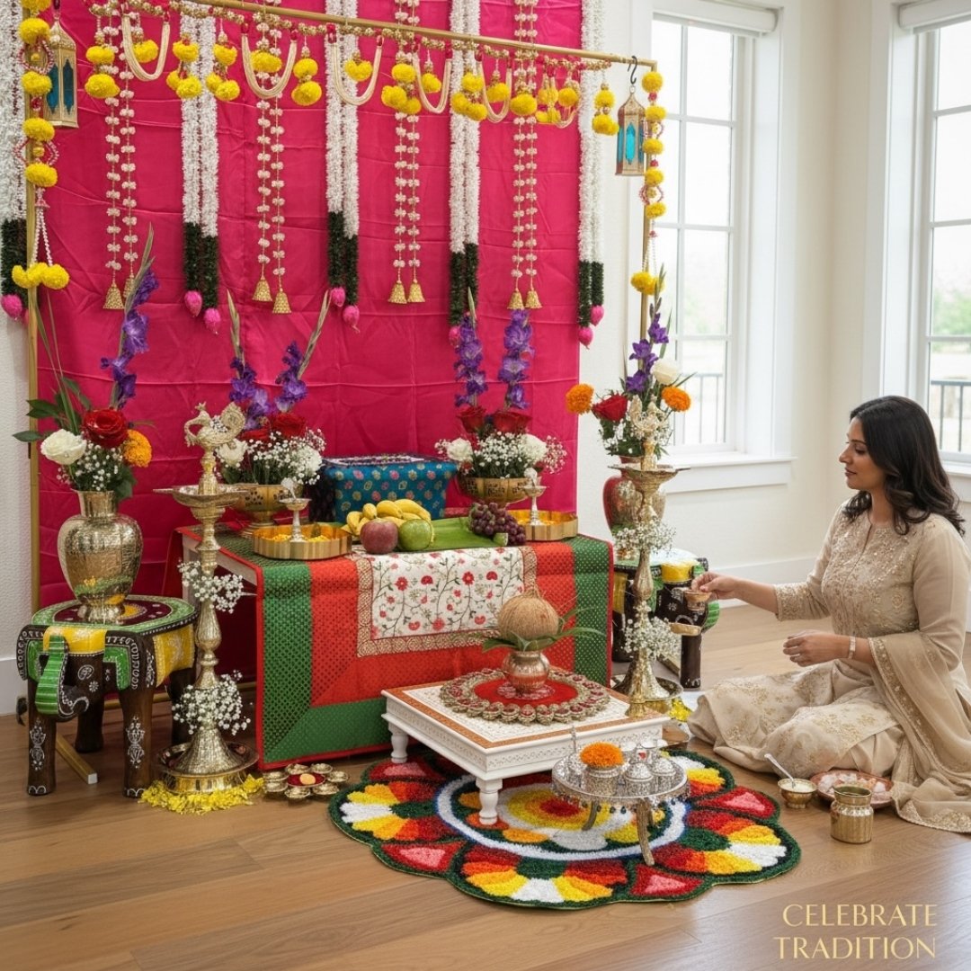 Woman performing Indian pooja ritual surrounded by jasmine lotus bud fabric garlands – artificial floral garlands for Diwali, Dussehra and Indian festive ceremonies