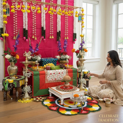 Woman performing Indian pooja ritual surrounded by jasmine lotus bud fabric garlands – artificial floral garlands for Diwali, Dussehra and Indian festive ceremonies
