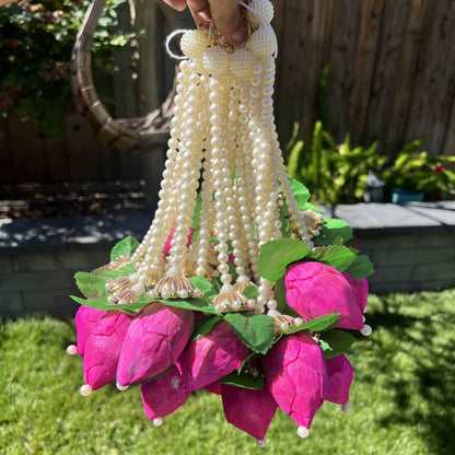 Handmade pink lotus bud and white jasmine fabric garland with faux pearl accents – 13-inch dangler style, made in India for Indian festive decor