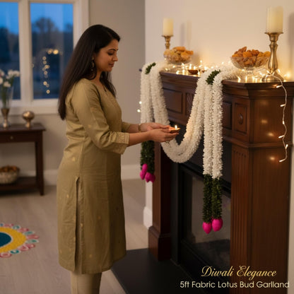 Jasmine and lotus bud fabric garland wreath in pink, white and green displayed on a wall – reusable artificial Indian floral garland for home decor