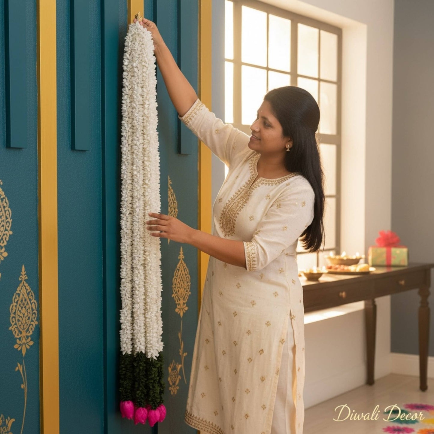 Pink jasmine lotus bud fabric garland displayed beside a Ganesha idol – handmade Indian artificial garland for Ganesh Chaturthi and pooja decor