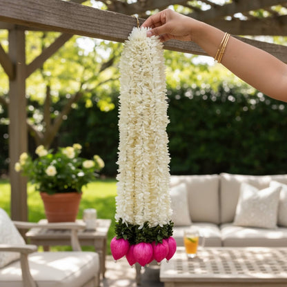 2ft long jasmine lotus bud artificial garland held outdoors – white fabric flowers with pink sola wood lotus buds, part of set of 10