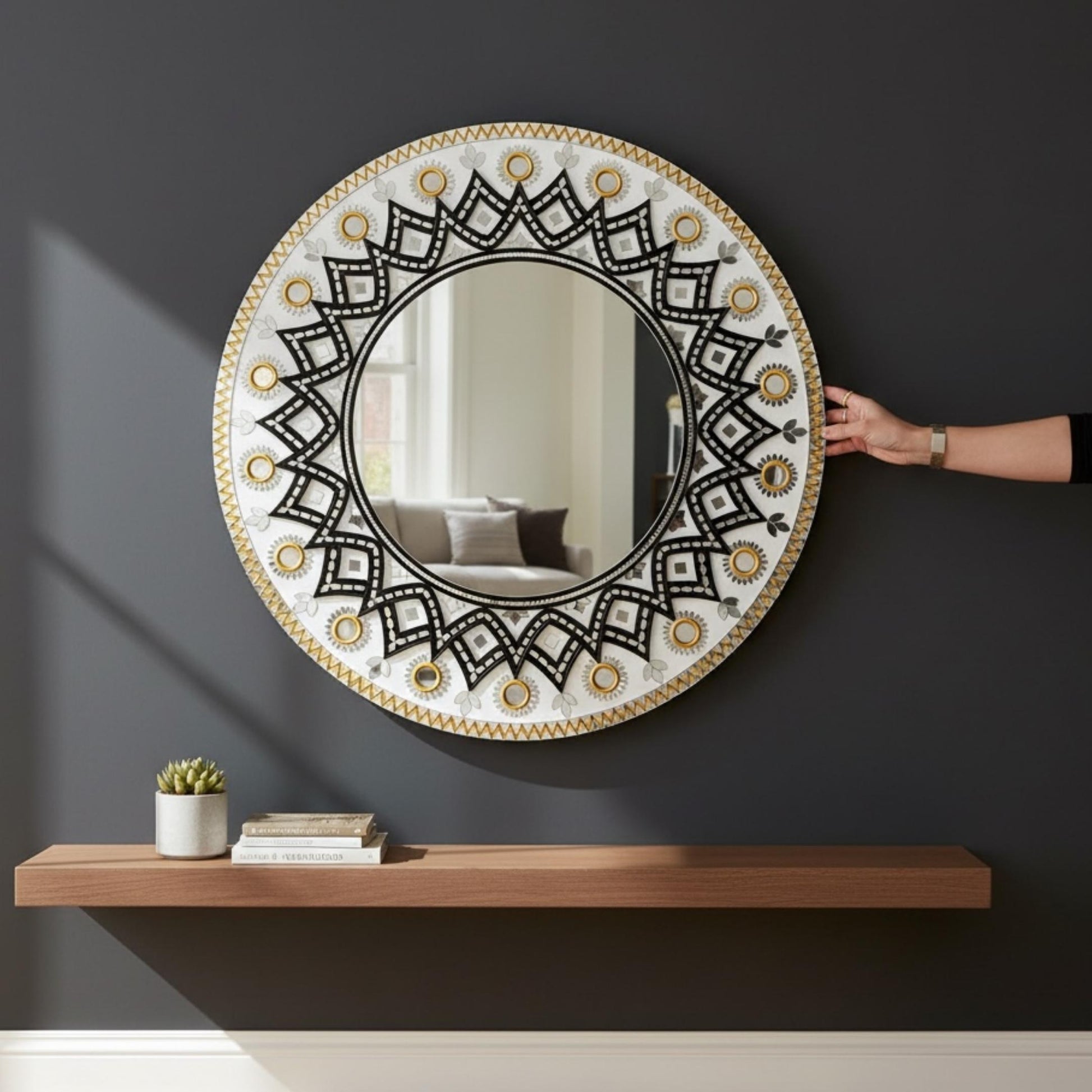 24-Inch Purple Lippan Black and Gold Mandala Mirror – Handcrafted Indian Wall Art 