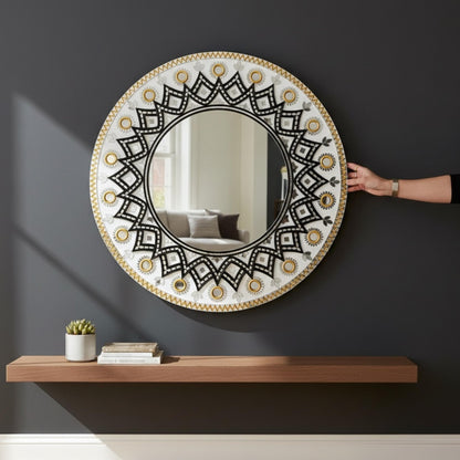 24-Inch Purple Lippan Black and Gold Mandala Mirror – Handcrafted Indian Wall Art 
