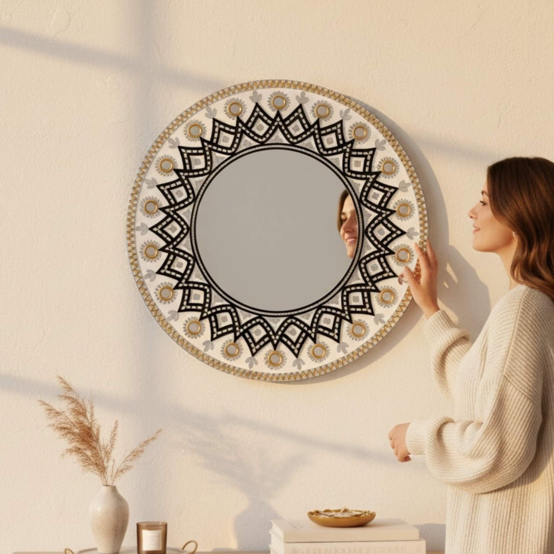 Woman Styling Entryway Console Table with 24-Inch Back and Gold Mandala Lippan Mirror – Indian Handcrafted Wall Art in Living Room Decor