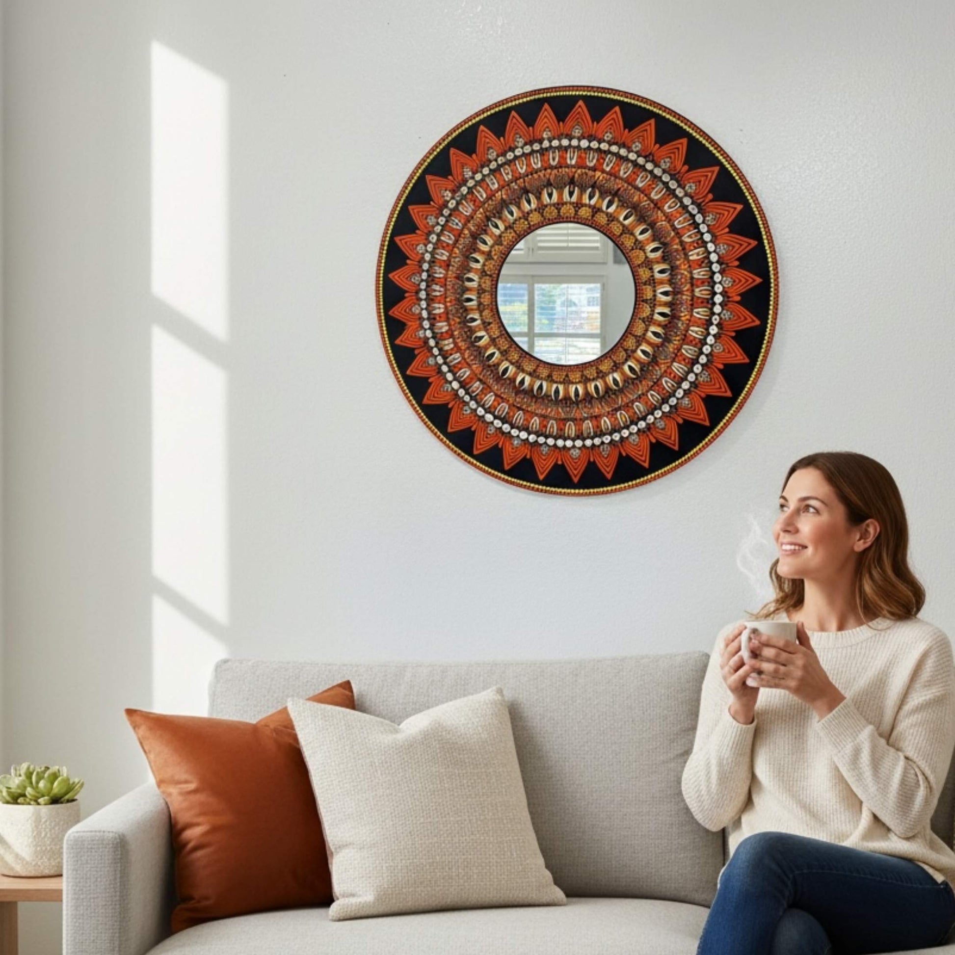 Living room decor with California Poppy mandala mirror on accent wall