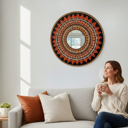 Living room decor with California Poppy mandala mirror on accent wall
