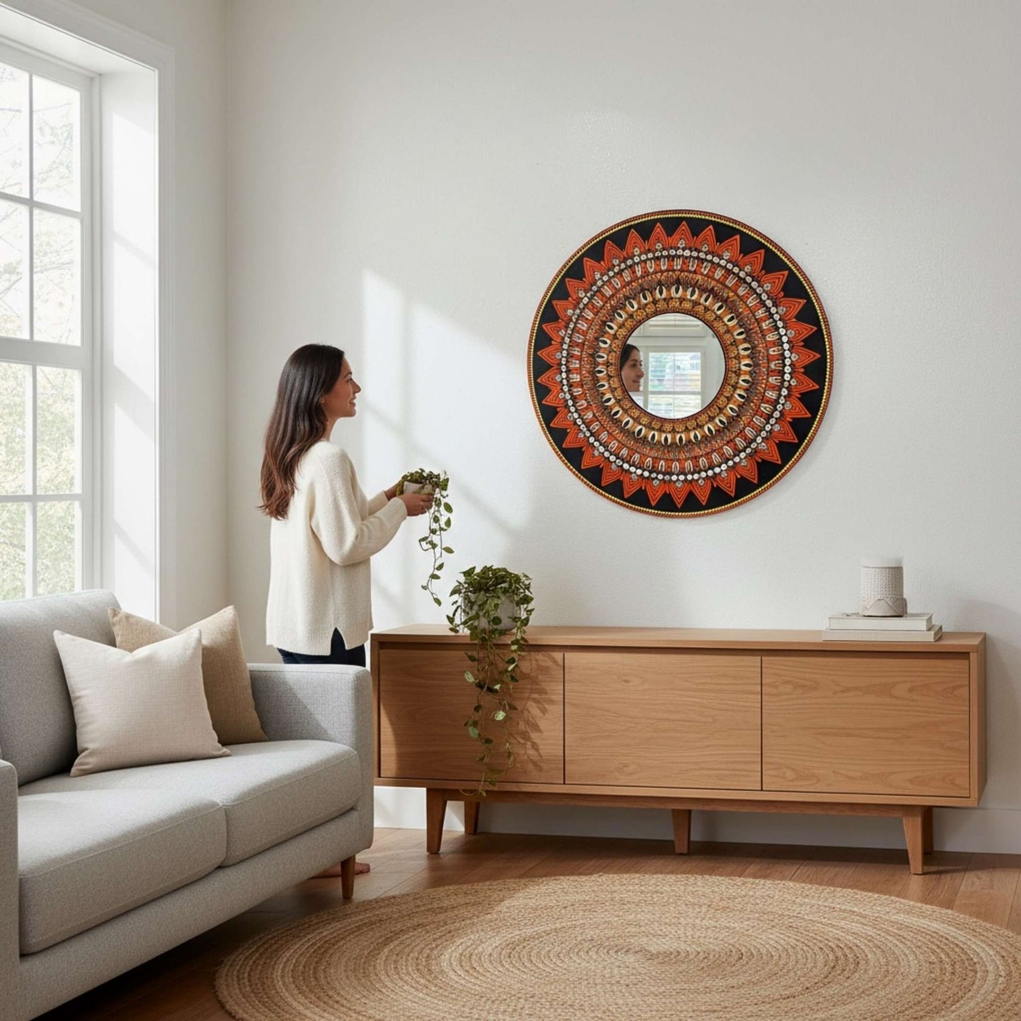 Woman standing beside orange mandala wall mirror in modern living room 