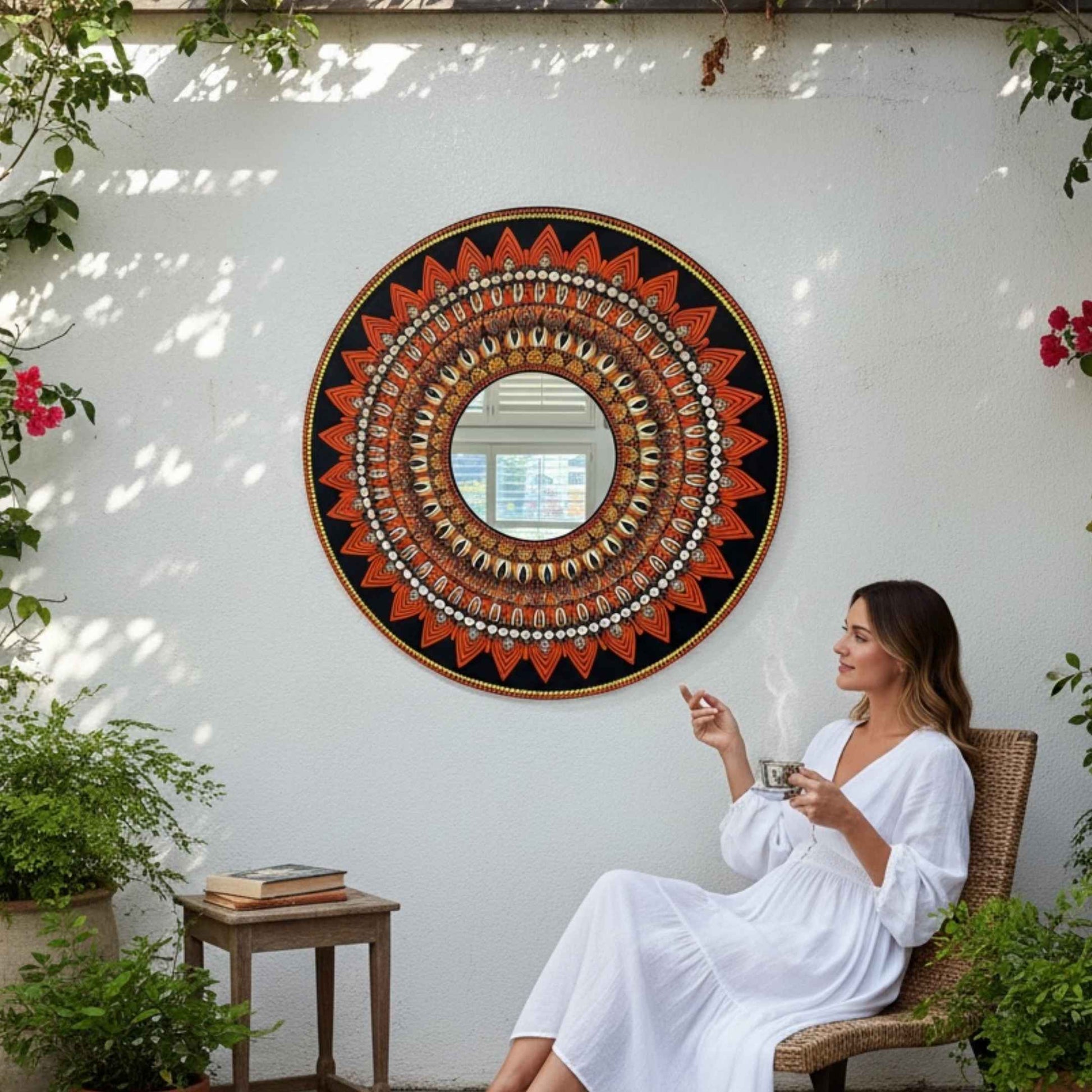 Woman in garden setting with handcrafted mandala mirror wall art