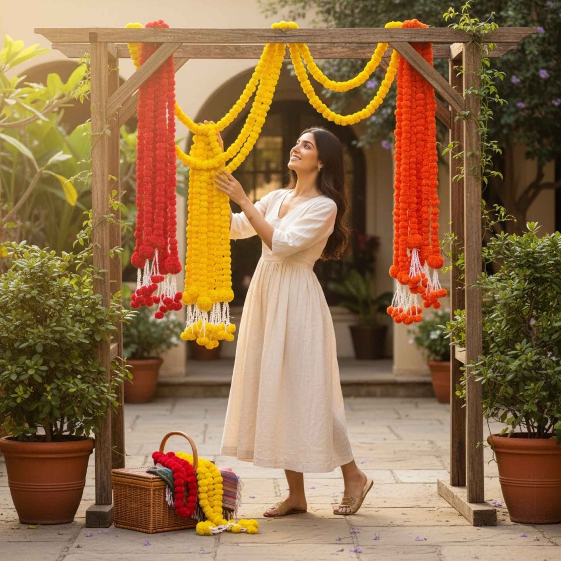 Urli Utsav artificial marigold garlands in red, orange & yellow decorating outdoor wedding arch