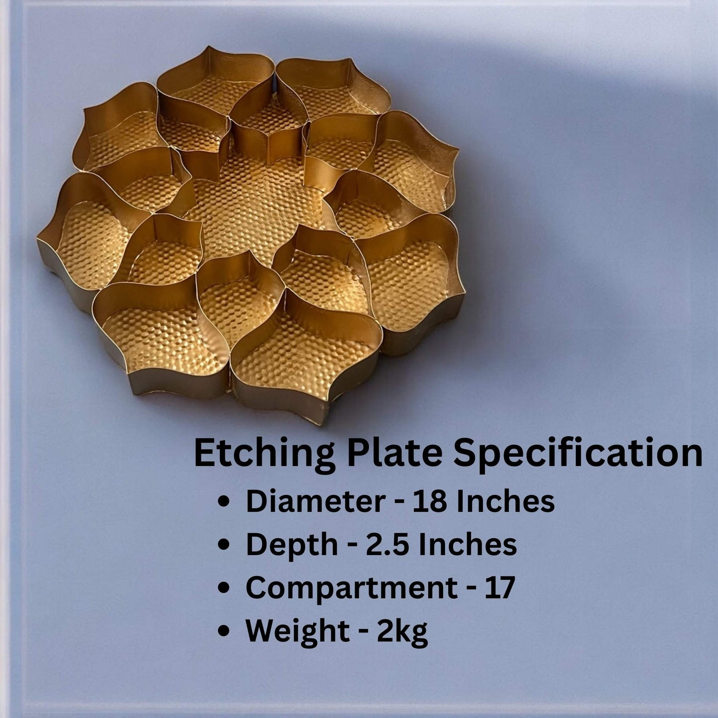 Gold etching plate with specifications on a gray background
