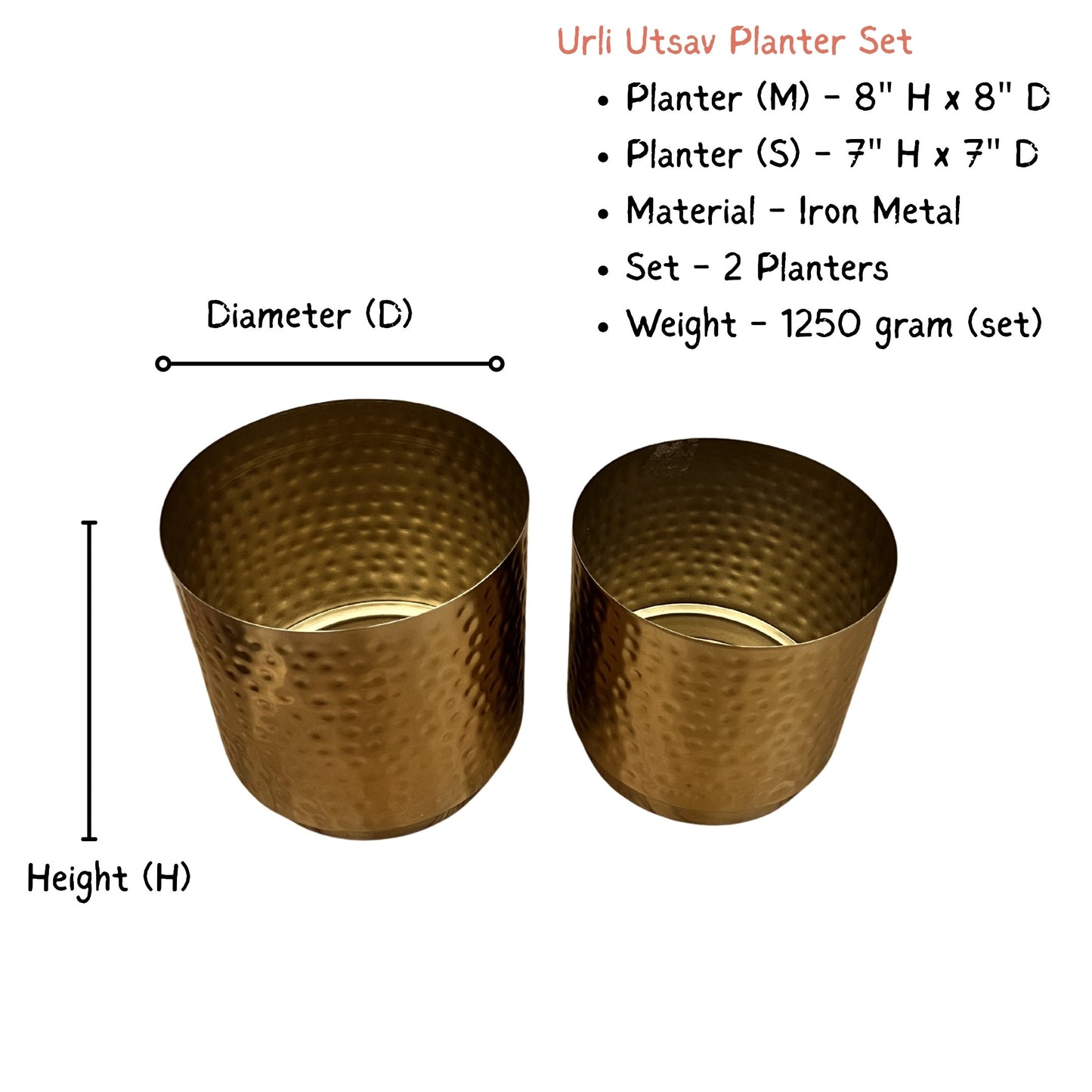 Handcrafted gold iron planters featuring a textured hammered finish on a clean white background with dimension details