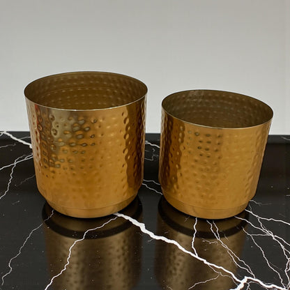 Set of 2 gold hammered metal planters in 8-inch and 7-inch sizes for modern home decor