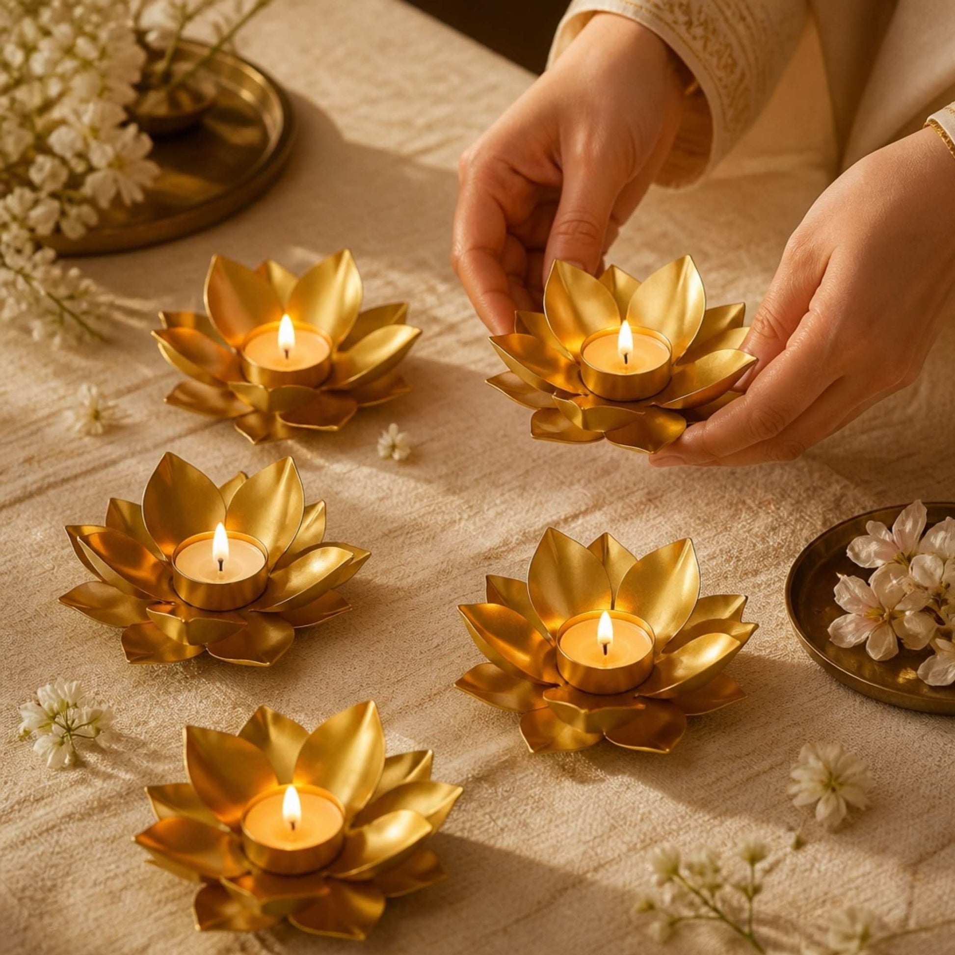 Hands arranging a lit gold lotus t-light holder among four others near white flowers on a beige tablecloth