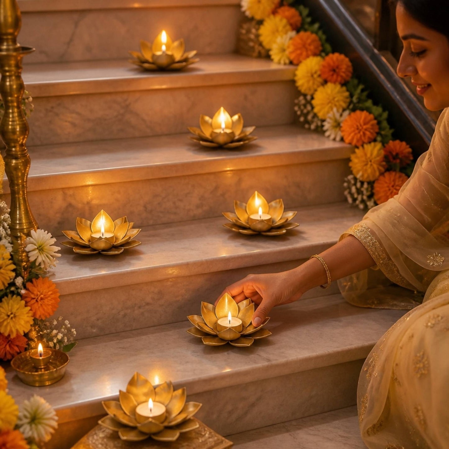 Gold lotus t-light holders lit along marble steps decorated with marigold garlands, woman kneeling nearby