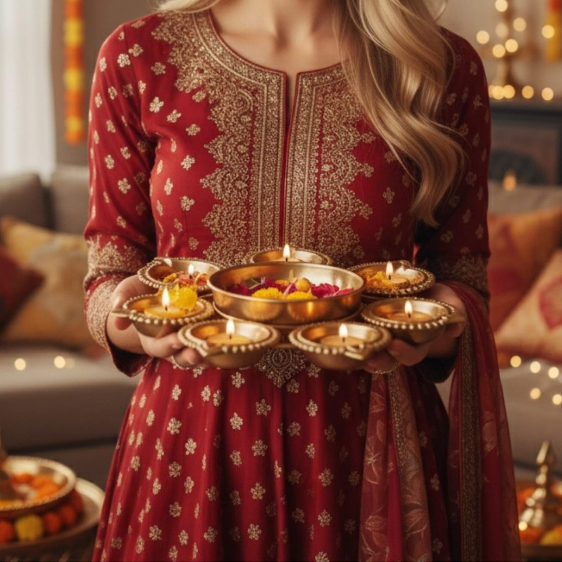 Traditional Indian Urli bowl filled with water and floating marigold flowers for Diwali decor.