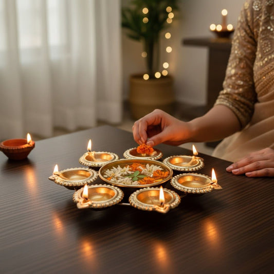 Mini gold Urli with 7 integrated tea light candle holders for traditional Indian lighting.