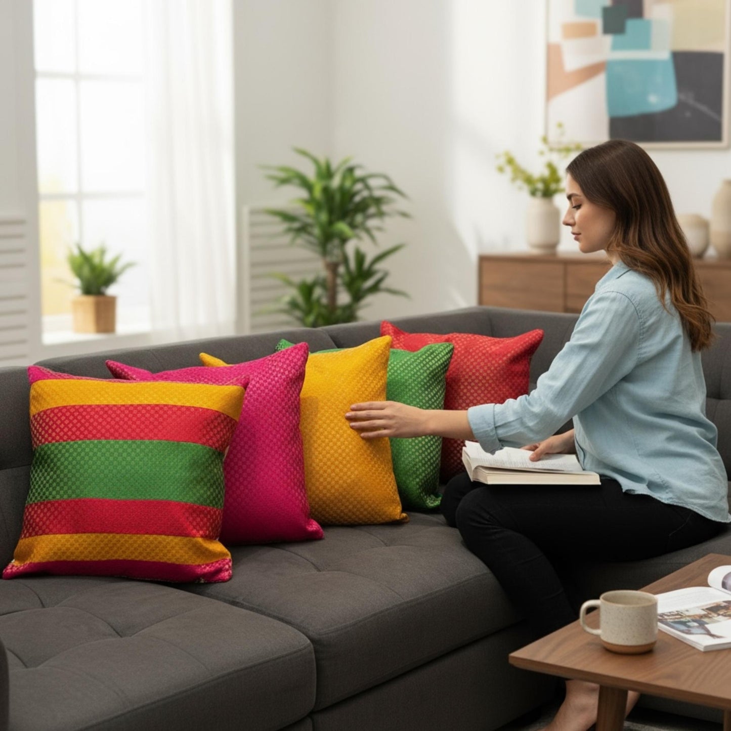 16x16 silk brocade cushion covers set of 5 on sofa – Diwali home decor