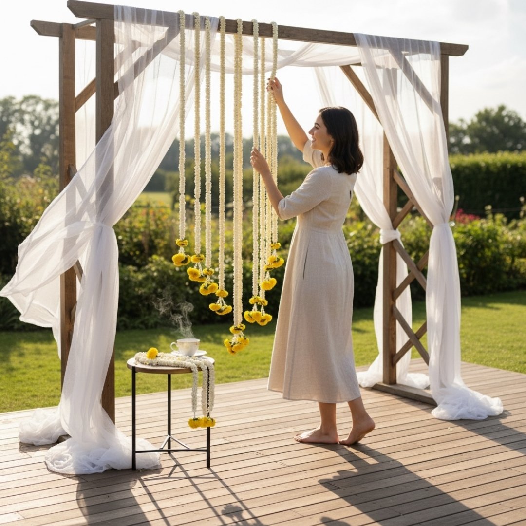 Woman arranging decorations on a wooden arch with white curtains and yellow hanging elements in a garden setting.