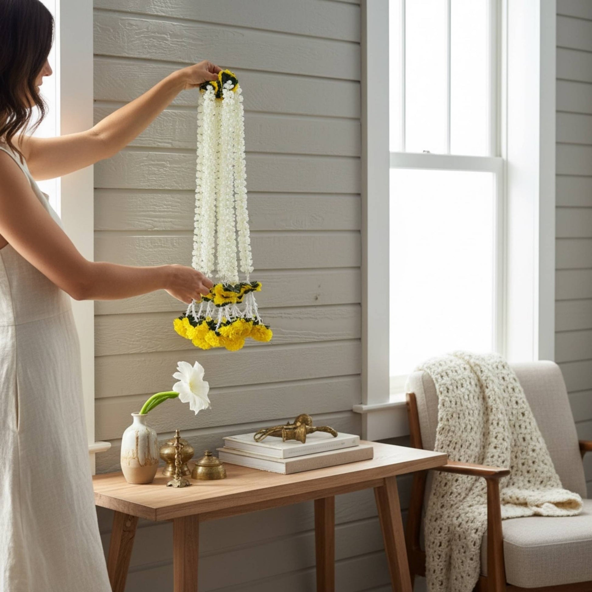 2FT Yellow marigold mogra leaf garlands draped as decor — set of 10 Indian festival garland strings for Diwali and housewarming
