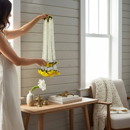 2FT Yellow marigold mogra leaf garlands draped as decor — set of 10 Indian festival garland strings for Diwali and housewarming
