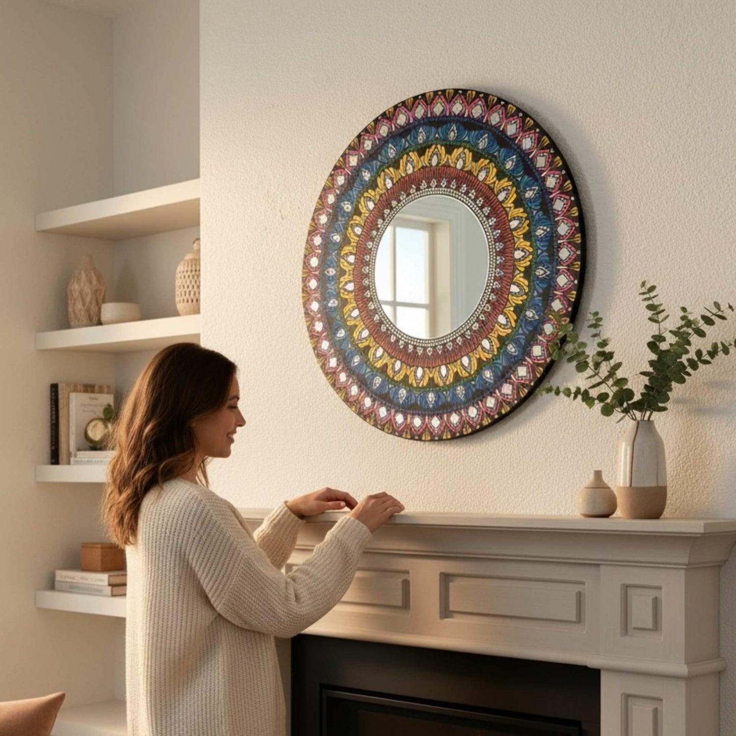Woman standing in a room with a Multicolor Mandala Lippan Mirror Wall Art above a fireplace.