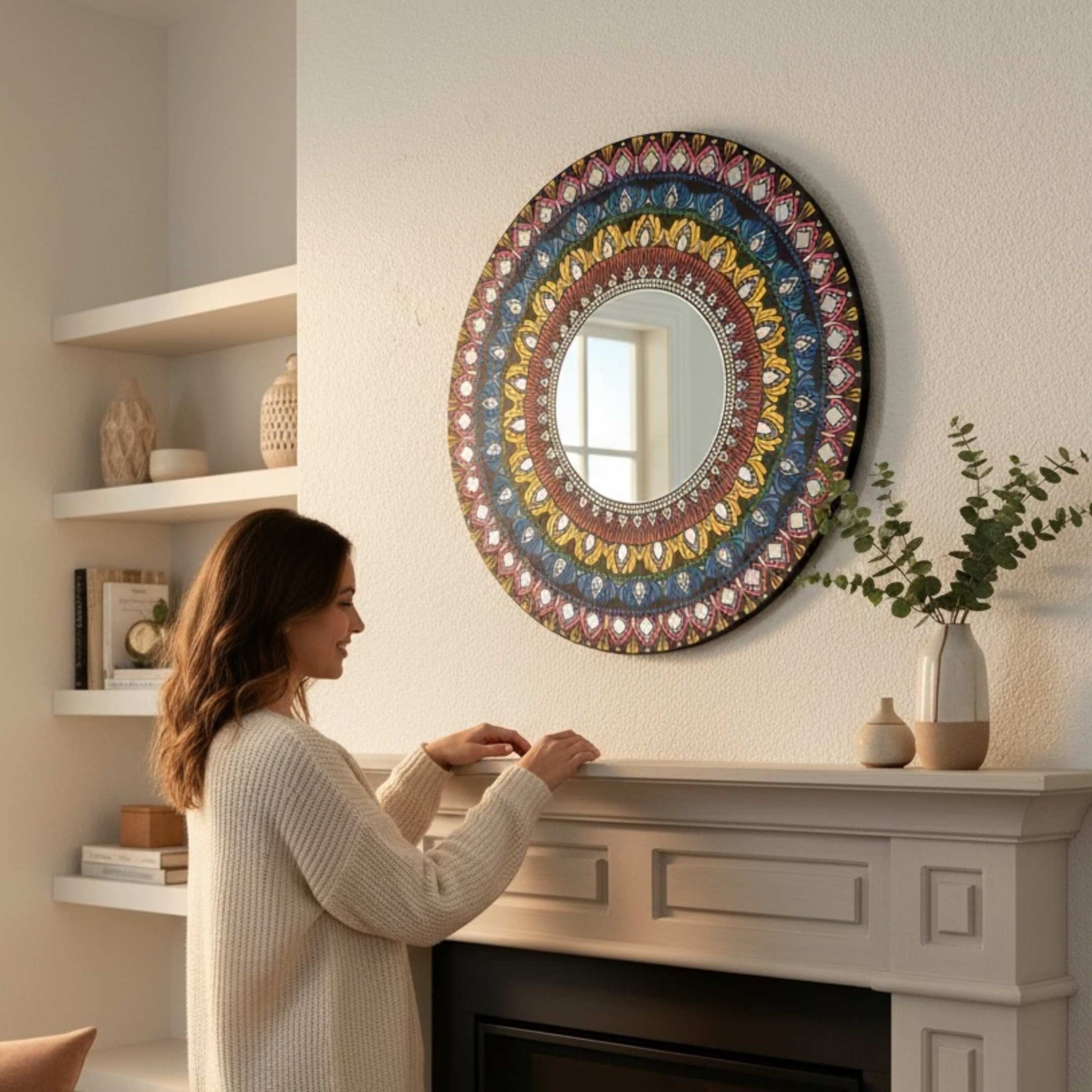 Woman standing in a room with a Multicolor Mandala Lippan Mirror Wall Art above a fireplace.